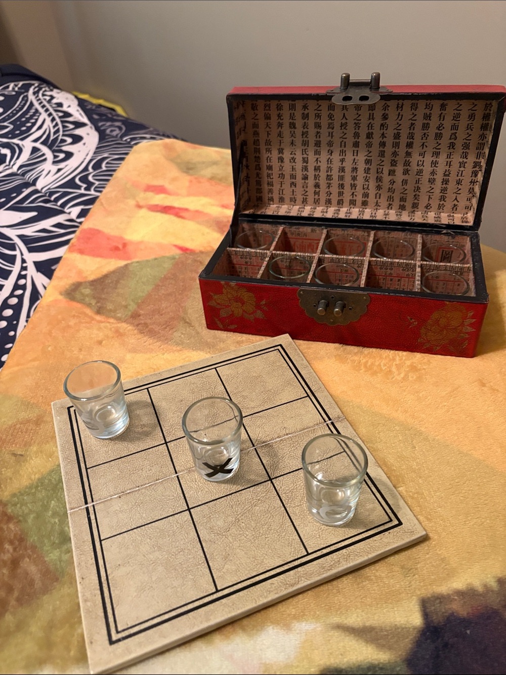 Vintage Style Red Asian Box with tic tac toe shot glass game inside